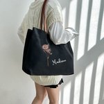 Personalized Birth Flower Canvas Name Tote Bag with Button Shopping Accessory Birthday Gift for Women Besties