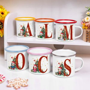 Personalizzato albero di Natale Cartoon personaggio iniziale 12 oz tazza smaltata con nome compleanno regalo di Natale per i bambini