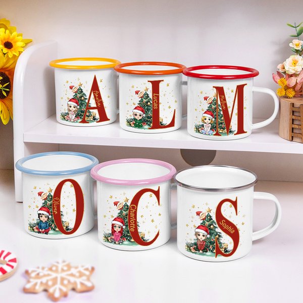 Personalized Christmas Tree Cartoon Character Initial 12oz Enamel Cup with Name Birthday Christmas Gift for Kids