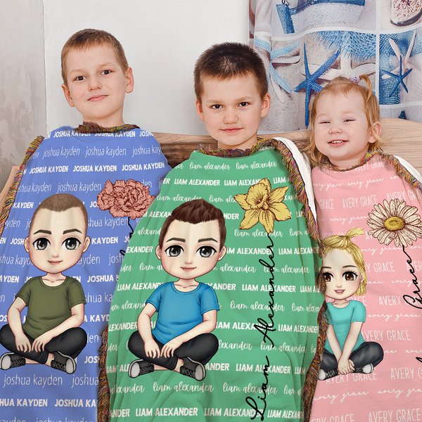 Gepersonaliseerde Multicolor Geboortebloem Schattig Beeldverhaal Karakter Gerafeld Zacht Werpdeken met Naam Huisdecoratie Verjaardag Kerstcadeau voor Jongens Meisjes