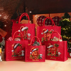 Personalizzato Cappello di Babbo Natale Iniziale Personaggio dei cartoni animati Rosso Borsa regalo di iuta con nome Regalo di Natale di compleanno per la famiglia Bambini