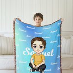 Personalized Gradient Color Cute Cartoon Character Fringed Soft Throw Blanket with Name Home Decor Birthday Christmas Gift