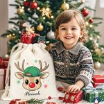 Gepersonaliseerde Rendier Sneeuwvlok Zakjes Trekkoord Traktatiezak met Naam Kerstcadeautje voor Kinderen en Familie