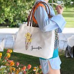 Personalized Birth Flower Canvas Name Tote Bag with Button Shopping Accessory Birthday Gift for Women Besties