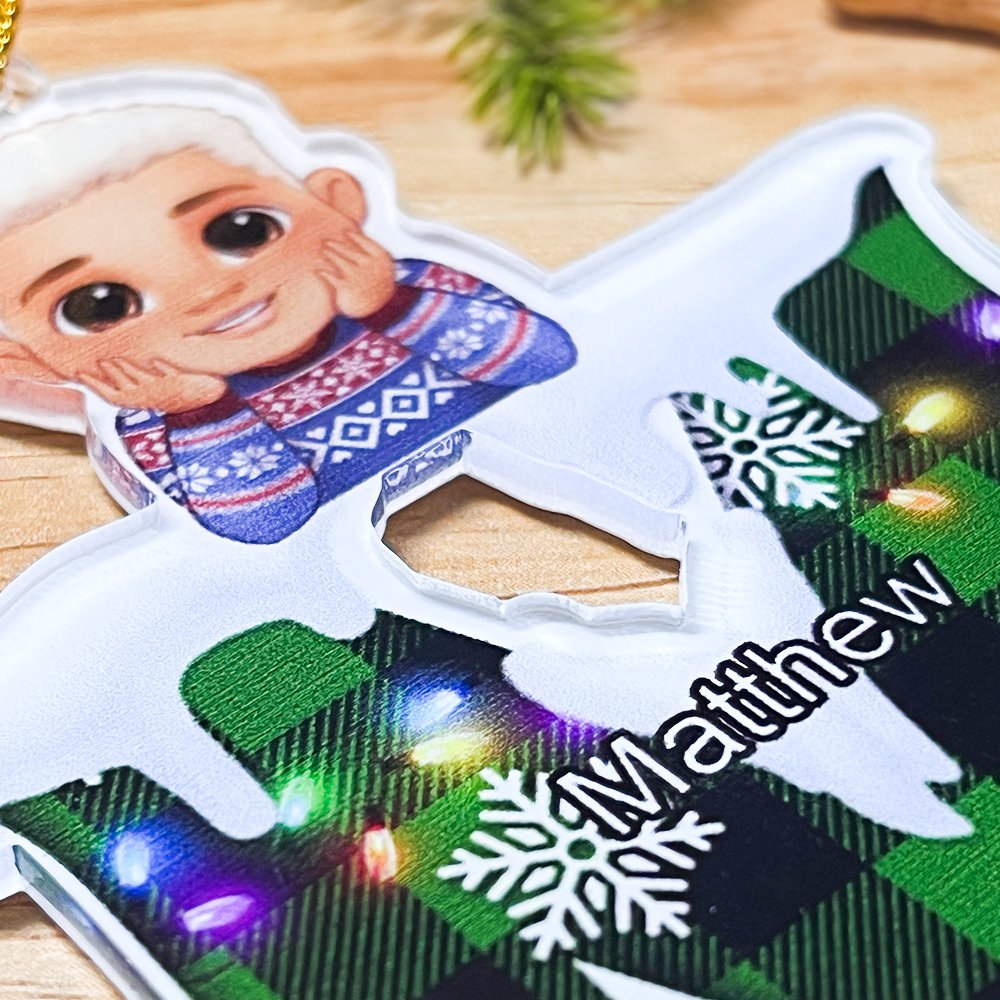 Personalized Snow Plaid Initial Elf Santa Hat Cartoon Boy Girl Ornament with Name Holiday Tree Stocking Decor Christmas Gift for Family Kids 7