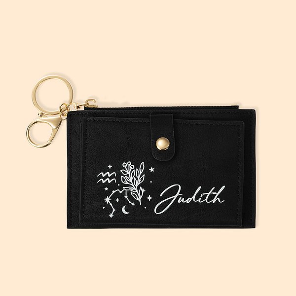 Personalized Mini Zodiac Birth Flower Leather Wallet Coin Holder with Name Birthday Anniversary Gift for Women