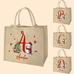 Personalizzato Cappello di Babbo Natale Pupazzo di neve Fiocco di neve Grande borsa di iuta con iniziale e nome Festival Regalo di Natale per la famiglia Bambini
