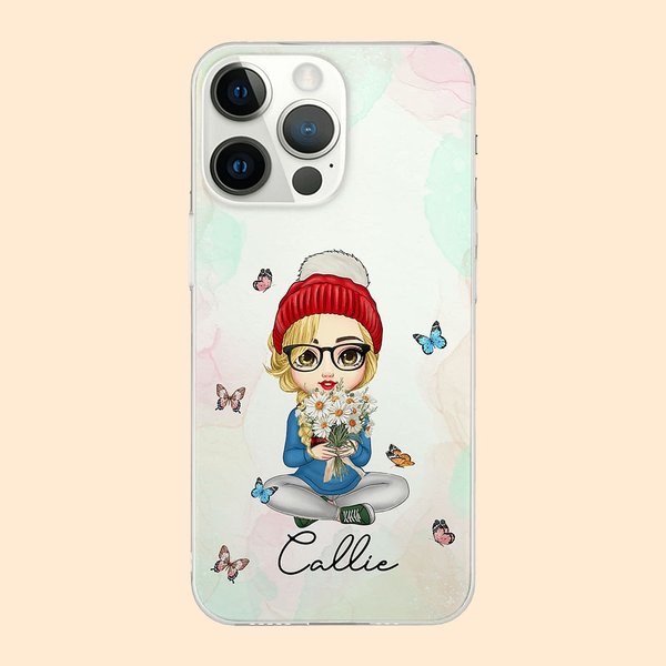 Personalized Cartoon Character Butterfly Birth Flower Bouquet Phone Case for iPhone with Name Mother's Day Birthday Gift for Women