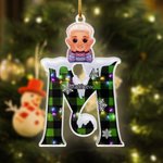 Personalized Snow Plaid Initial Elf Santa Hat Cartoon Boy Girl Ornament with Name Holiday Tree Stocking Decor Christmas Gift for Family Kids 1