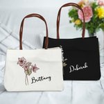 Personalized Birth Flower Canvas Name Tote Bag with Button Shopping Accessory Birthday Gift for Women Besties