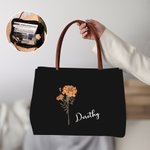 Personalized Birth Flower Canvas Name Tote Bag with Button Shopping Accessory Birthday Gift for Women Besties