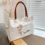 Personalized Birth Flower Canvas Name Tote Bag with Button Shopping Accessory Birthday Gift for Women Besties