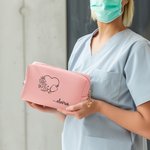 Personalized Birth Flower Stethoscope Design Leather Makeup Bag with Name Portable Travel Essentials Birthday Gift for Nurse Medical Staff