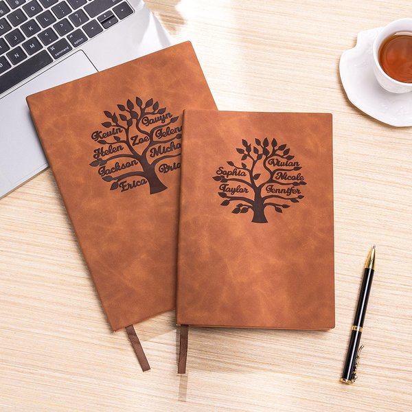 Personalized Engraved Tree of Life 1-9 Names Leather Journal Notebook with 100 Lined Pages for School Work Travel Writing Birthday Gift for Family