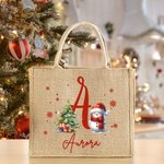 Personalized Cute Santa Hat Snowman Snowflake Large Jute Tote Bag with Initial and Name Festival Christmas Gift for Family Kids