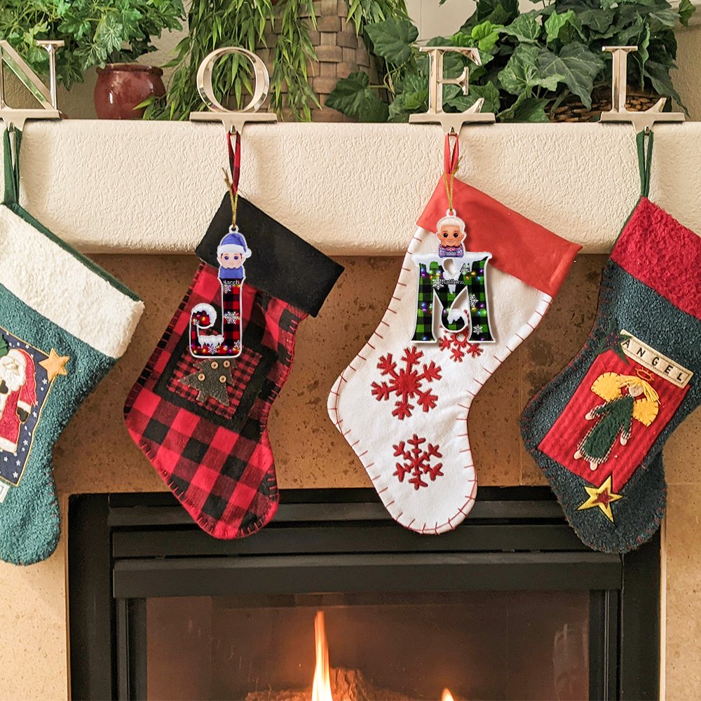 Personalized Snow Plaid Initial Elf Santa Hat Cartoon Boy Girl Ornament with Name Holiday Tree Stocking Decor Christmas Gift for Family Kids 5