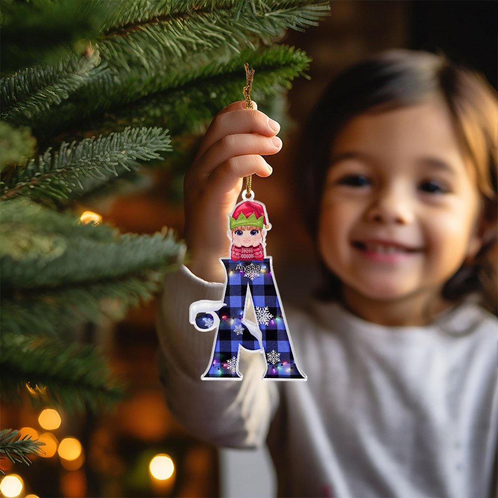 Personalized Snow Plaid Initial Elf Santa Hat Cartoon Boy Girl Ornament with Name Holiday Tree Stocking Decor Christmas Gift for Family Kids 3