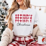 Personnalisé Multicolore Plaid Merry Christmas T-shirt Unisexe Sweatshirt Hoodie avec 1-6 noms Noël Cadeau de vacances pour la famille
