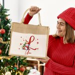 Personalized Cute Santa Hat Snowman Snowflake Initial Large Jute Tote Bag with Name and Canvas Pocket Festival Christmas Gift for Family Kids