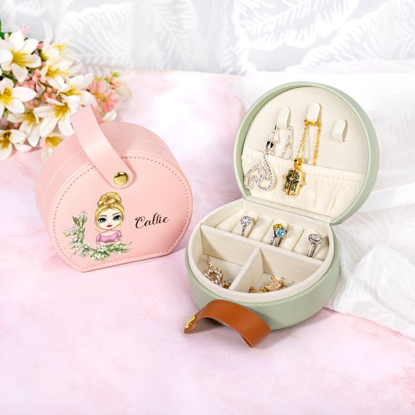 Personalized Birth Flower Name Wreath Cartoon Portable Leather Travel Jewellery Case with Handle Birthday Bridesmaid Mother's Day Gift for Women