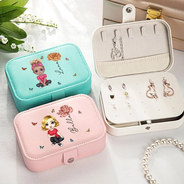 Boîte à Bijoux en Cuir Personnalisée avec Personnage Nom et Fleur de Naissance Cadeau Anniversaire Mariage pour Femme