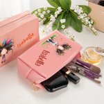 Borsa trucco in pelle PU personaggio animato ragazza eccentrica personalizzazione nome portatile da viaggio regalo compleanno anniversario per donne