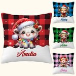 Personalisierte Weihnachten Lichter niedlich Hochland Kuh Design Plaid Kissenbezug mit Namen Home Decor Weihnachtsgeschenk für Kinder Familie