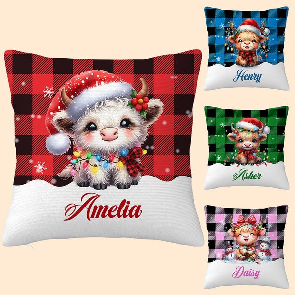Personalisierte Weihnachten Lichter niedlich Hochland Kuh Design Plaid Kissenbezug mit Namen Home Decor Weihnachtsgeschenk für Kinder Familie