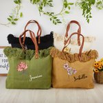 Personalized Birth Flower Tassel Canvas Name Tote Bag with Leather Handle Birthday Appreciation Gift for Women Girls