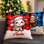 Personalisierte Weihnachten Lichter niedlich Hochland Kuh Design Plaid Kissenbezug mit Namen Home Decor Weihnachtsgeschenk für Kinder Familie