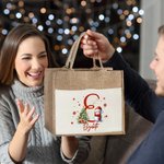 Personalized Cute Santa Hat Snowman Snowflake Initial Large Jute Tote Bag with Name and Canvas Pocket Festival Christmas Gift for Family Kids