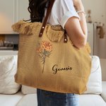 Personalized Birth Flower Tassel Canvas Name Tote Bag with Leather Handle Birthday Appreciation Gift for Women Girls