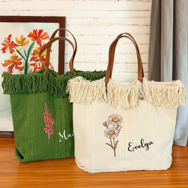 Personalized Birth Flower Tassel Canvas Name Tote Bag with Leather Handle Birthday Appreciation Gift for Women Girls