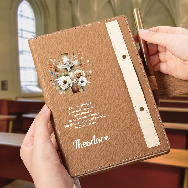 Personalizada Floral Cruz Nombre Versículo de la Biblia A5 Cuero Iglesia Oración Cuaderno Bolígrafo de madera con 100 páginas rayadas Regalo de Navida
