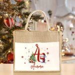 Personalized Cute Santa Hat Snowman Snowflake Initial Large Jute Tote Bag with Name and Canvas Pocket Festival Christmas Gift for Family Kids