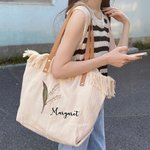 Personalized Birth Flower Tassel Canvas Name Tote Bag with Leather Handle Birthday Appreciation Gift for Women Girls