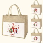 Personalized Cute Santa Hat Snowman Snowflake Initial Large Jute Tote Bag with Name and Canvas Pocket Festival Christmas Gift for Family Kids