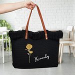 Personalized Birth Flower Tassel Canvas Name Tote Bag with Leather Handle Birthday Appreciation Gift for Women Girls