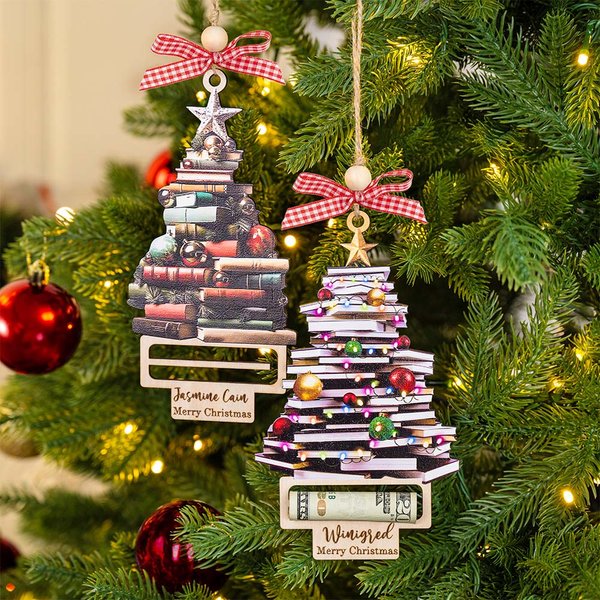 Personalized Coquette Bow Christmas Book Tree Wooden Money Holder Hanging Ornament with Name Christmas Tree Decor Party Gift for Family Friend