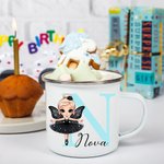 Personalized Cartoon Ballerina Dance Girl 12oz Colored Rim Enamel Cup with Initial and Name Birthday Gift for Girls Ballet Lovers
