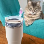 Personalized Shiny Rainbow Cat Reusable Silicone Straw Topper with Initial Charm Accessory for Stanley Tumbler Birthday Party Gift for Her