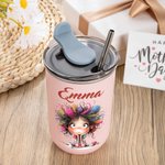 Vaso térmico personalizado 355 ml con nombre y diseño de chica original con tapa abatible y pajita regalo de cumpleaños y fiestas para mujeres y niñas