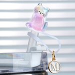 Personalized Shiny Rainbow Cat Reusable Silicone Straw Topper with Initial Charm Accessory for Stanley Tumbler Birthday Party Gift for Her