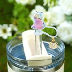 Personalized Shiny Rainbow Cat Reusable Silicone Straw Topper with Initial Charm Accessory for Stanley Tumbler Birthday Party Gift for Her