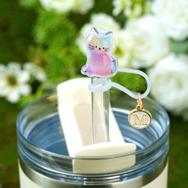 Personalized Shiny Rainbow Cat Reusable Silicone Straw Topper with Initial Charm Accessory for Stanley Tumbler Birthday Party Gift for Her