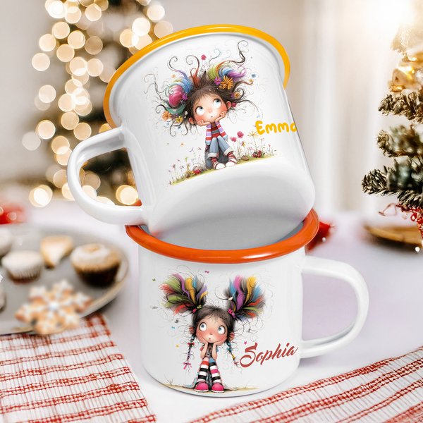 Gepersonaliseerde leuke grillige meisje 12oz kleurrijke rand emaille mok met naam verjaardag terug naar school vakantie cadeau voor kinderen