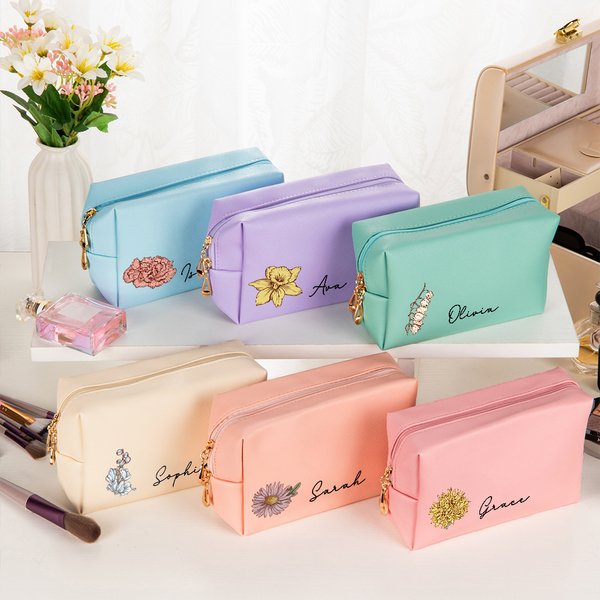 Henkilökohtainen Syntymä Kukka Design Nahka Makeup Bag nimi Portable Travel Essentials Syntymäpäivä lahja naisille