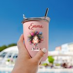 Vaso térmico personalizado 355 ml con nombre y diseño de chica original con tapa abatible y pajita regalo de cumpleaños y fiestas para mujeres y niñas