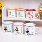 Personalized Cartoon Ballerina Dance Girl 12oz Colored Rim Enamel Cup with Initial and Name Birthday Gift for Girls Ballet Lovers