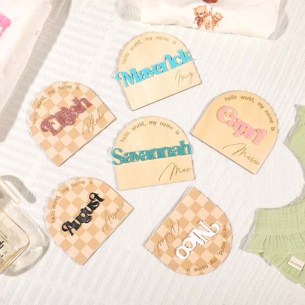 Personalized Checkered Wood Baby Birth Announcement Sign with Name Newborn Photography Prop Nursery Wall Decor Gift for New Parents